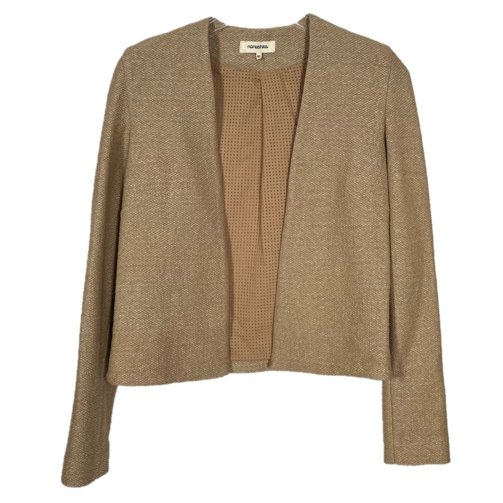 Nanushka Basket Weave Textured Open Cropped Camel Blazer Size Medium - Picture 1 of 6